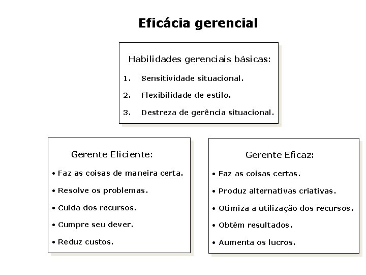 Eficácia gerencial Habilidades gerenciais básicas: 1. Sensitividade situacional. 2. Flexibilidade de estilo. 3. Destreza Eficácia gerencial Habilidades gerenciais básicas: 1. Sensitividade situacional. 2. Flexibilidade de estilo. 3. Destreza