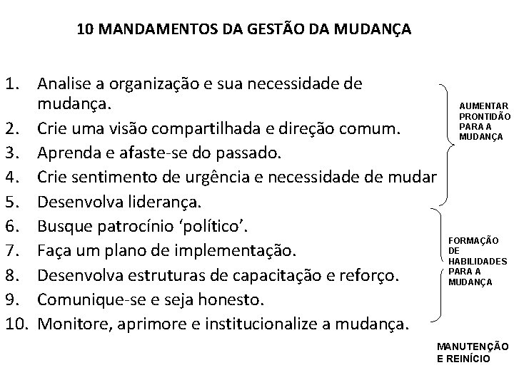 10 MANDAMENTOS DA GESTÃO DA MUDANÇA 1. Analise a organização e sua necessidade de 10 MANDAMENTOS DA GESTÃO DA MUDANÇA 1. Analise a organização e sua necessidade de