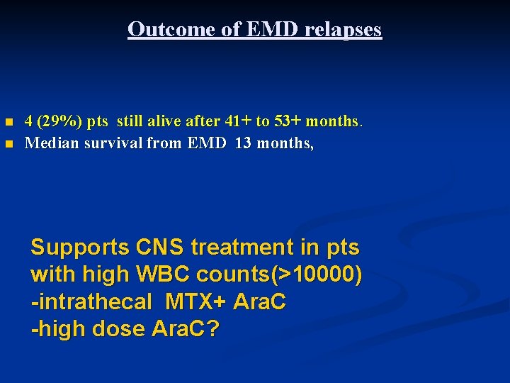 Outcome of EMD relapses n n 4 (29%) pts still alive after 41+ to