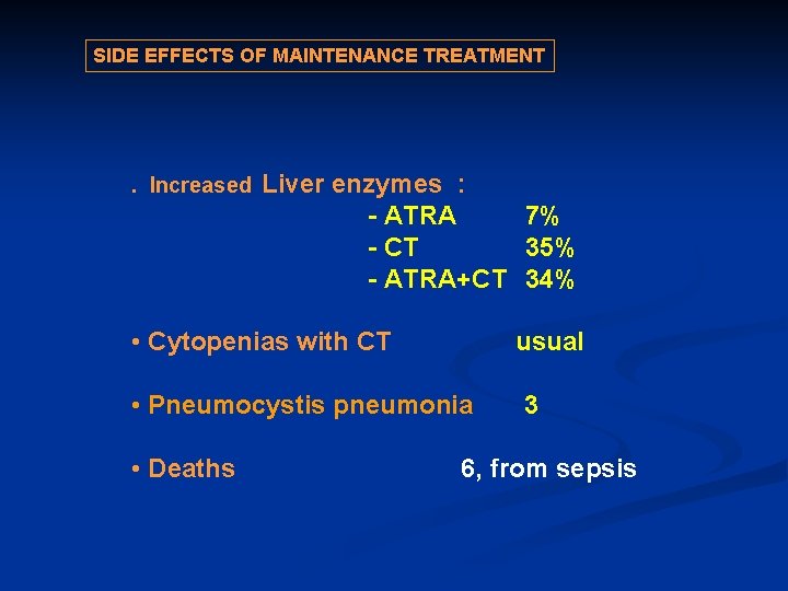 SIDE EFFECTS OF MAINTENANCE TREATMENT . Increased Liver enzymes : - ATRA 7% -