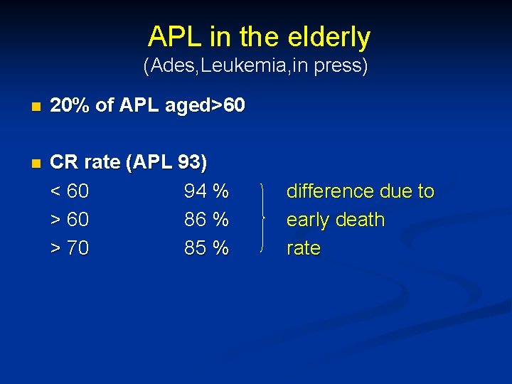  APL in the elderly (Ades, Leukemia, in press) n 20% of APL aged>60