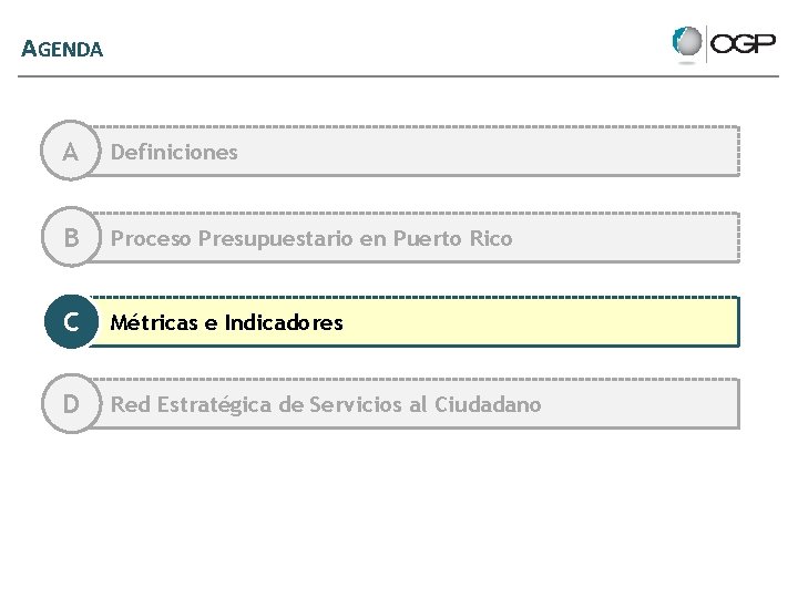 AGENDA A Definiciones B Proceso Presupuestario en Puerto Rico C Métricas e Indicadores D