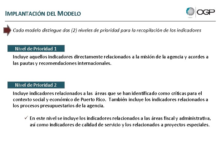 IMPLANTACIÓN DEL MODELO Cada modelo distingue dos (2) niveles de prioridad para la recopilación