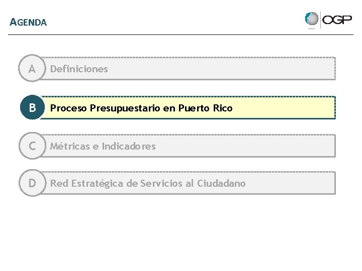 AGENDA A Definiciones B Proceso Presupuestario en Puerto Rico C Métricas e Indicadores D