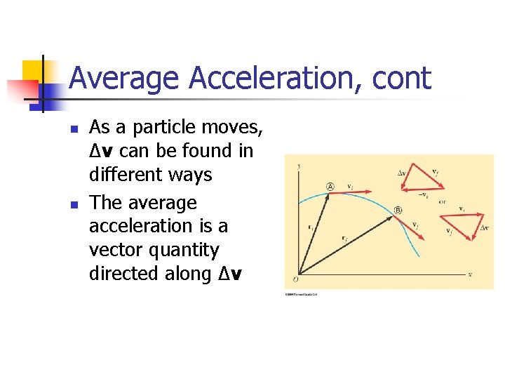 Average Acceleration, cont n n As a particle moves, Δv can be found in