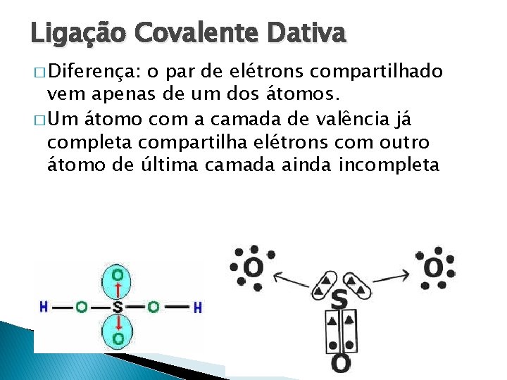 Ligação Covalente Dativa � Diferença: o par de elétrons compartilhado vem apenas de um