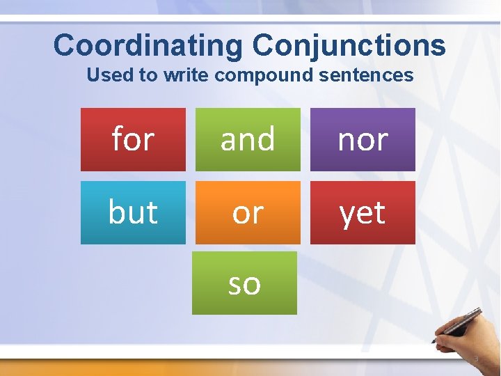 Coordinating Conjunctions Used to write compound sentences for and nor but or yet so