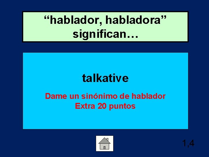 “hablador, habladora” significan… talkative Dame un sinónimo de hablador Extra 20 puntos 1, 4