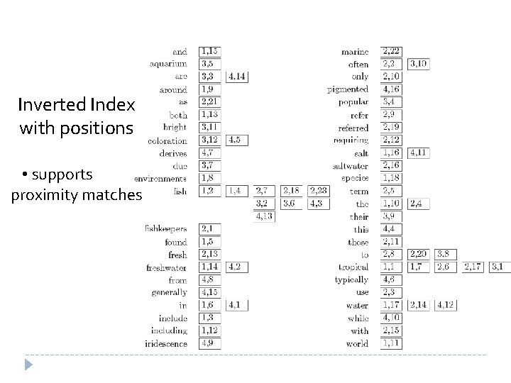 Inverted Index with positions • supports proximity matches 