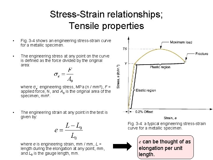 Stress-Strain relationships; Tensile properties • Fig. 3 -4 shows an engineering stress-strain curve for