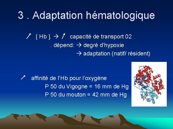 3. Adaptation hématologique [ Hb ]. capacité de transport 02 . dépend: degré d’hypoxie