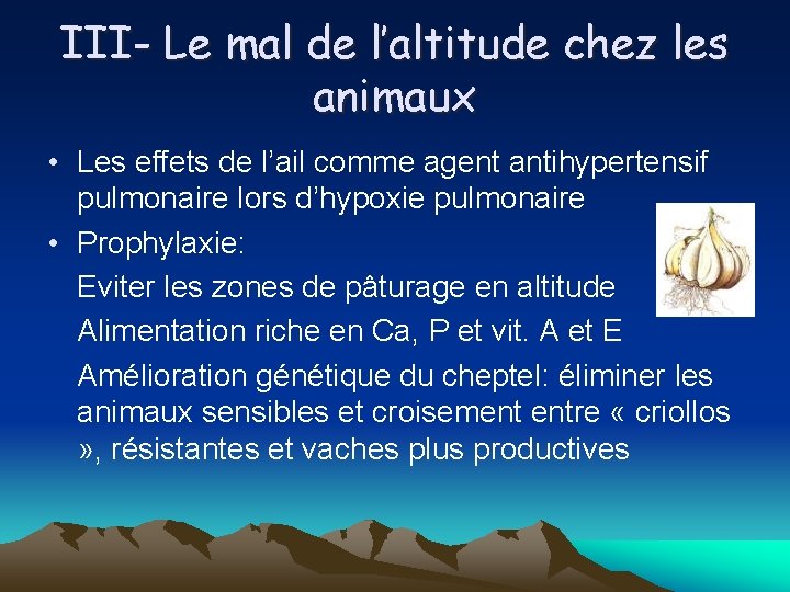 III- Le mal de l’altitude chez les animaux • Les effets de l’ail comme
