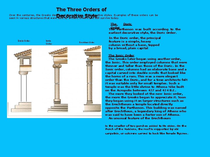 The Three Orders of Over the centuries, the Greeks developed three orders, or decorative