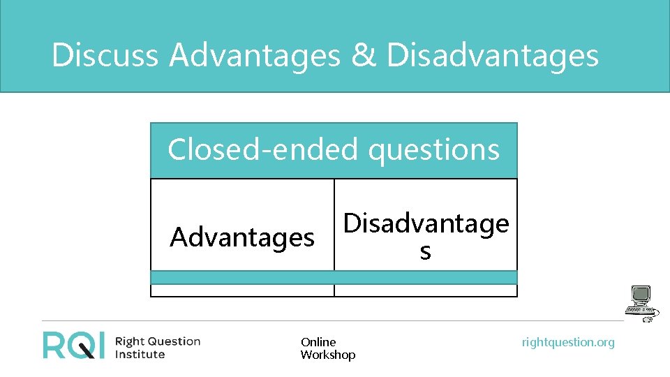 Discuss Advantages & Disadvantages Closed-ended questions Advantages Disadvantage s Online Workshop rightquestion. org 