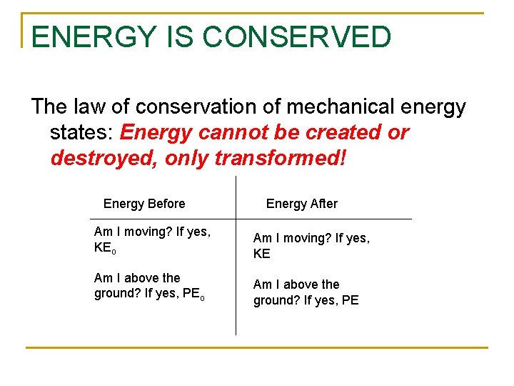 ENERGY IS CONSERVED The law of conservation of mechanical energy states: Energy cannot be