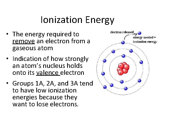 Ionization Energy • The energy required to remove an electron from a gaseous atom