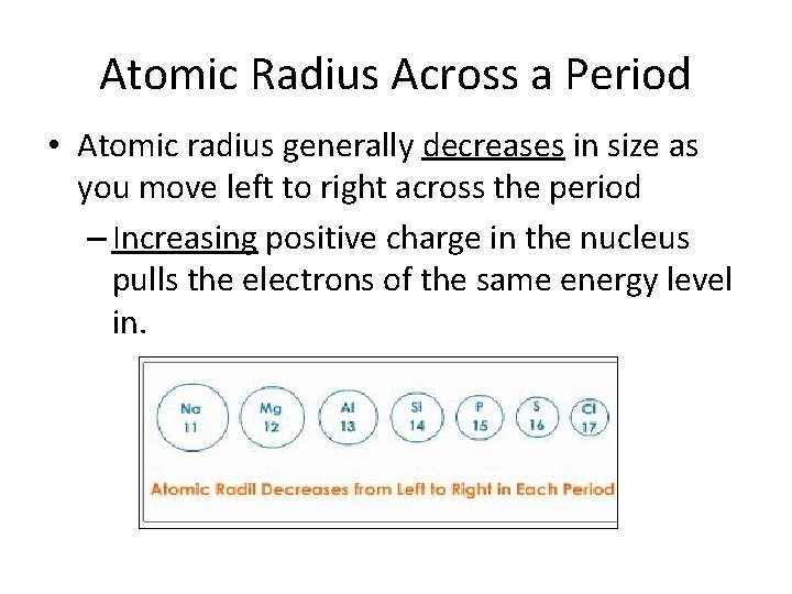 Atomic Radius Across a Period • Atomic radius generally decreases in size as you