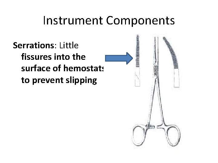 Instrument Components Serrations: Little fissures into the surface of hemostats to prevent slipping 