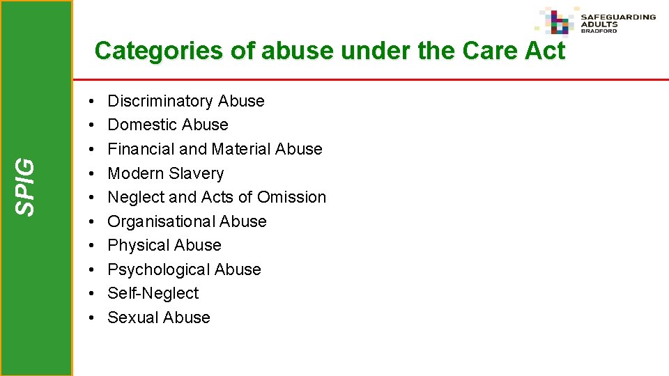 SPIG Categories of abuse under the Care Act • • • Discriminatory Abuse Domestic