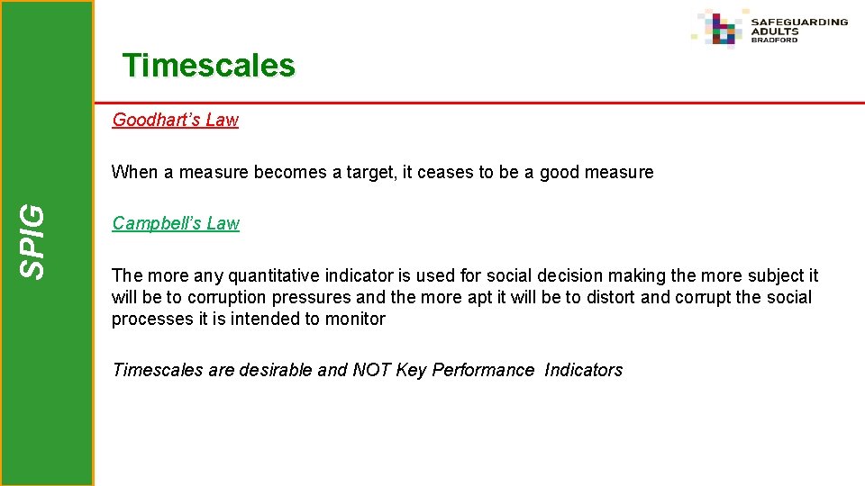 Timescales Goodhart’s Law SPIG When a measure becomes a target, it ceases to be