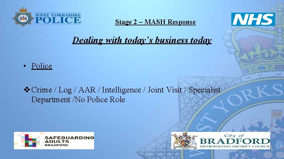 Stage 2 – MASH Response Dealing with today’s business today • Police v Crime