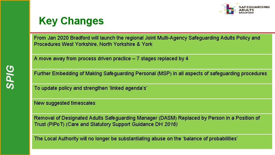 Key Changes From Jan 2020 Bradford will launch the regional Joint Multi-Agency Safeguarding Adults