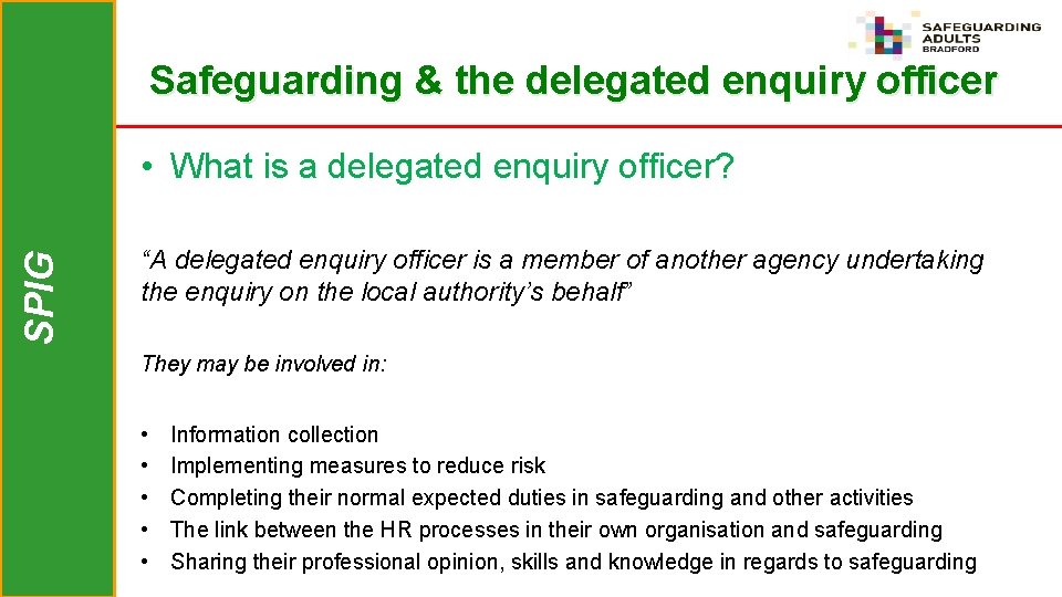 Safeguarding & the delegated enquiry officer SPIG • What is a delegated enquiry officer?