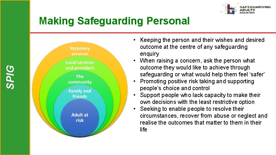 SPIG Making Safeguarding Personal • Keeping the person and their wishes and desired outcome