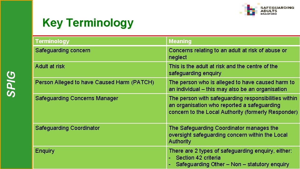 SPIG Key Terminology Meaning Safeguarding concern Concerns relating to an adult at risk of