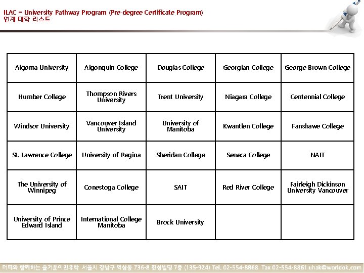 ILAC – University Pathway Program (Pre-degree Certificate Program) 연계 대학 리스트 Algoma University Algonquin