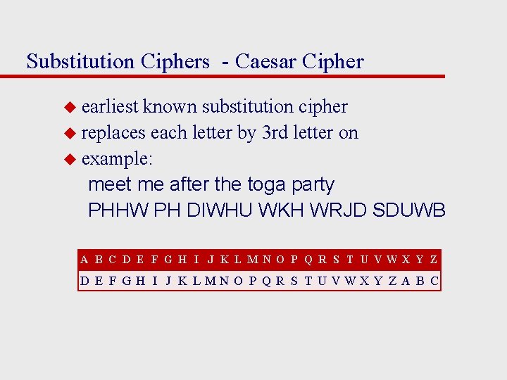 Substitution Ciphers - Caesar Cipher u earliest known substitution cipher u replaces each letter