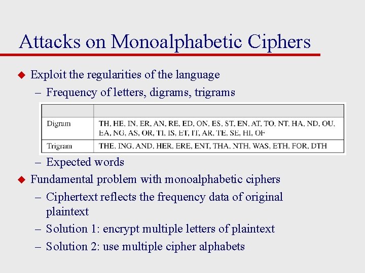 Attacks on Monoalphabetic Ciphers u u Exploit the regularities of the language – Frequency