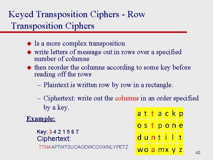 Keyed Transposition Ciphers - Row Transposition Ciphers u u u Is a more complex