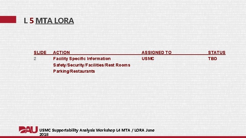 L 5 MTA LORA SLIDE 2 ACTION Facility Specific Information Safety/Security/Facilities/Rest Rooms Parking/Restaurants ASSIGNED L 5 MTA LORA SLIDE 2 ACTION Facility Specific Information Safety/Security/Facilities/Rest Rooms Parking/Restaurants ASSIGNED