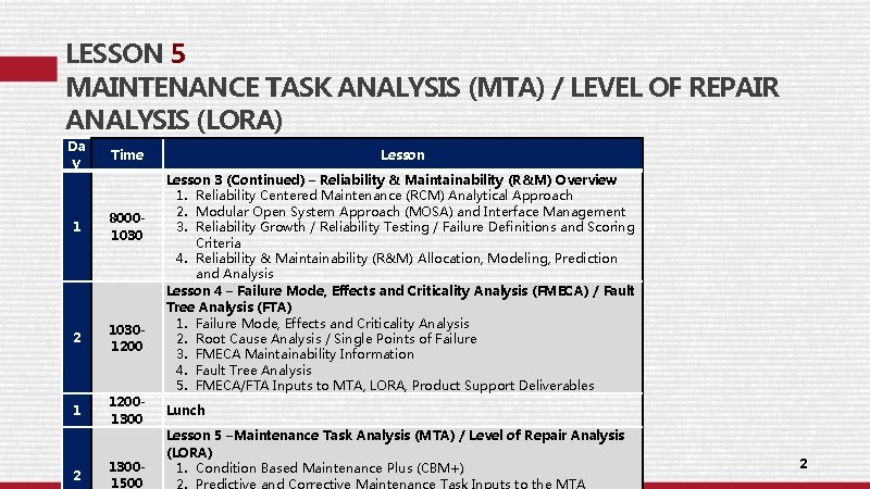 LESSON 5 MAINTENANCE TASK ANALYSIS (MTA) / LEVEL OF REPAIR ANALYSIS (LORA) Da y LESSON 5 MAINTENANCE TASK ANALYSIS (MTA) / LEVEL OF REPAIR ANALYSIS (LORA) Da y