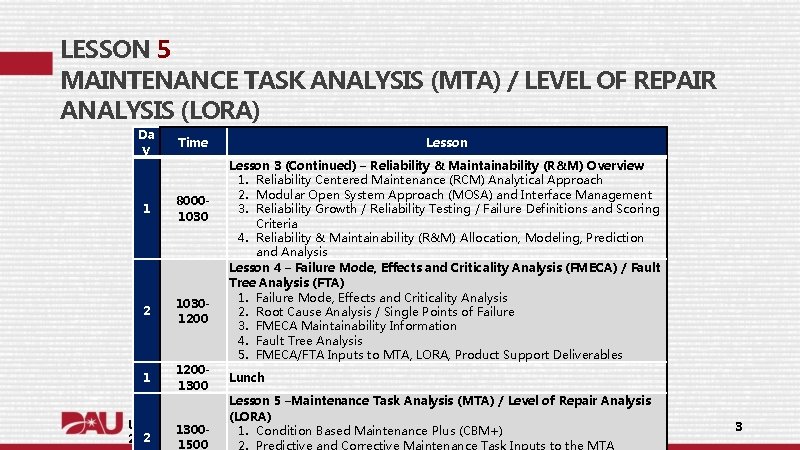 LESSON 5 MAINTENANCE TASK ANALYSIS (MTA) / LEVEL OF REPAIR ANALYSIS (LORA) Da y LESSON 5 MAINTENANCE TASK ANALYSIS (MTA) / LEVEL OF REPAIR ANALYSIS (LORA) Da y