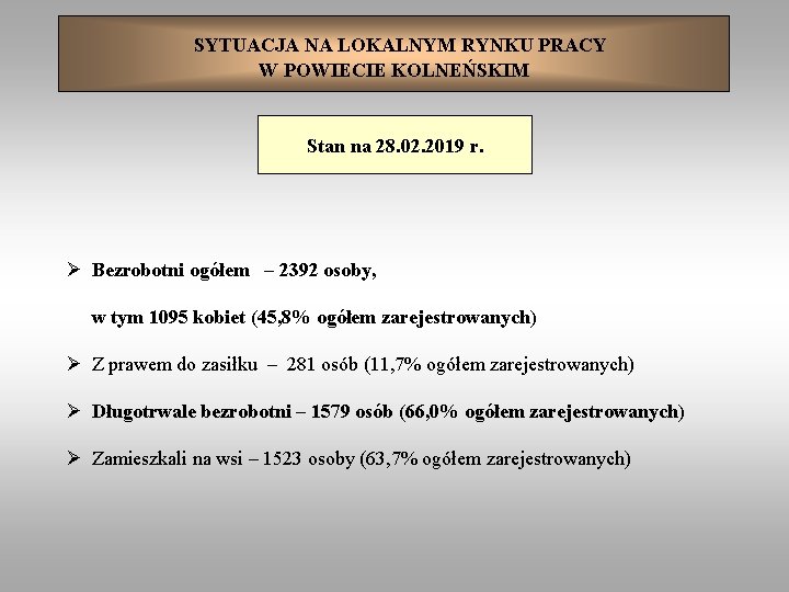 SYTUACJA NA LOKALNYM RYNKU PRACY W POWIECIE KOLNEŃSKIM Stan na 28. 02. 2019 r.