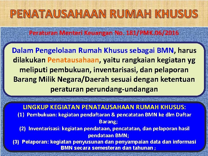 PENATAUSAHAAN RUMAH KHUSUS Peraturan Menteri Keuangan No. 181/PMK. 06/2016 Dalam Pengelolaan Rumah Khusus sebagai