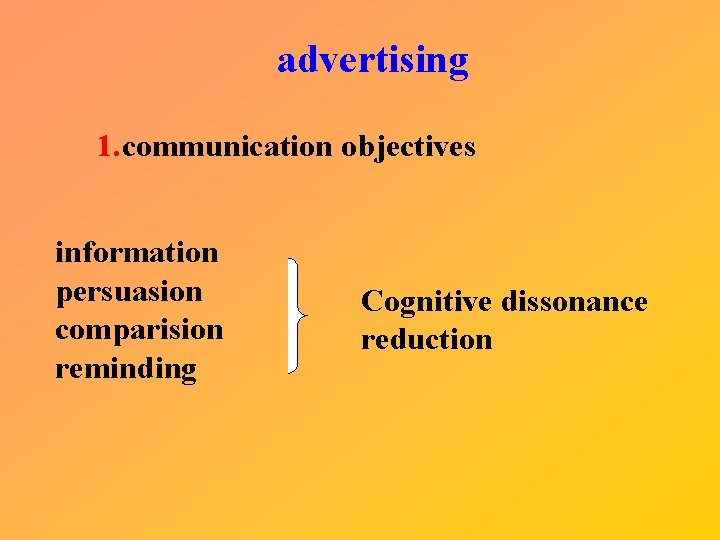 advertising 1. communication objectives information persuasion comparision reminding Cognitive dissonance reduction 