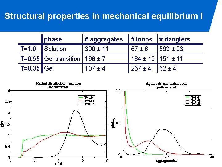 Structural properties in mechanical equilibrium I T=1. 0 phase # aggregates # loops #