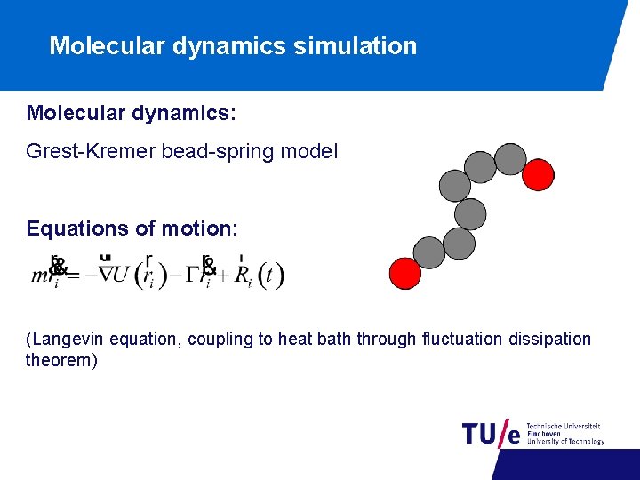 Molecular dynamics simulation Molecular dynamics: Grest-Kremer bead-spring model Equations of motion: (Langevin equation, coupling