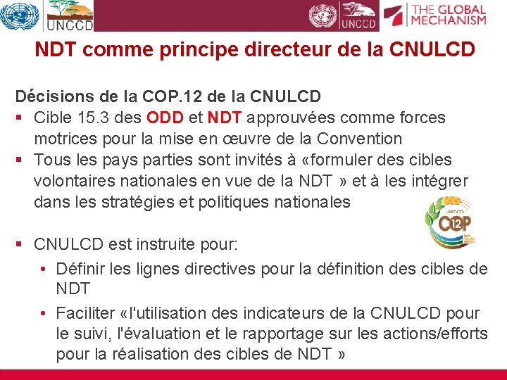 NDT comme principe directeur de la CNULCD Décisions de la COP. 12 de la