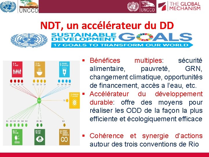 NDT, un accélérateur du DD § Bénéfices multiples: sécurité alimentaire, pauvreté, GRN, changement climatique,