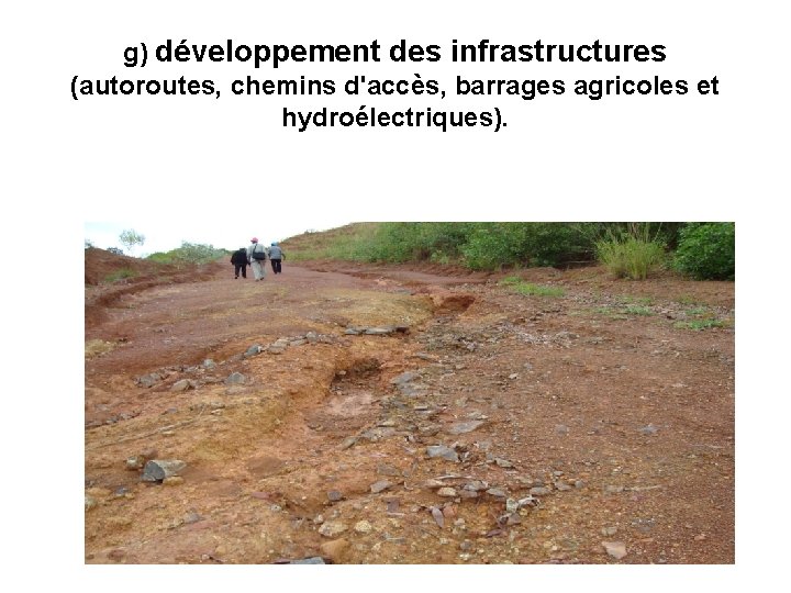 g) développement des infrastructures (autoroutes, chemins d'accès, barrages agricoles et hydroélectriques). 