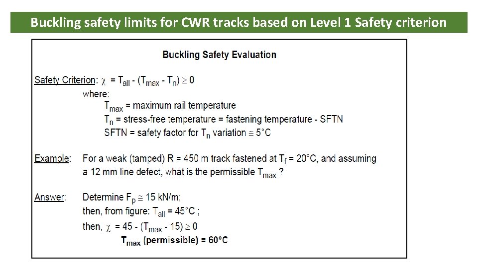 Buckling safety limits for CWR tracks based on Level 1 Safety criterion Buckling safety limits for CWR tracks based on Level 1 Safety criterion