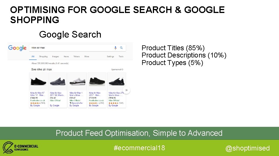 OPTIMISING FOR GOOGLE SEARCH & GOOGLE SHOPPING Google Search Product Titles (85%) Product Descriptions