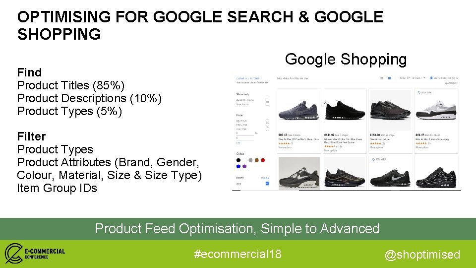 OPTIMISING FOR GOOGLE SEARCH & GOOGLE SHOPPING Google Shopping Find Product Titles (85%) Product