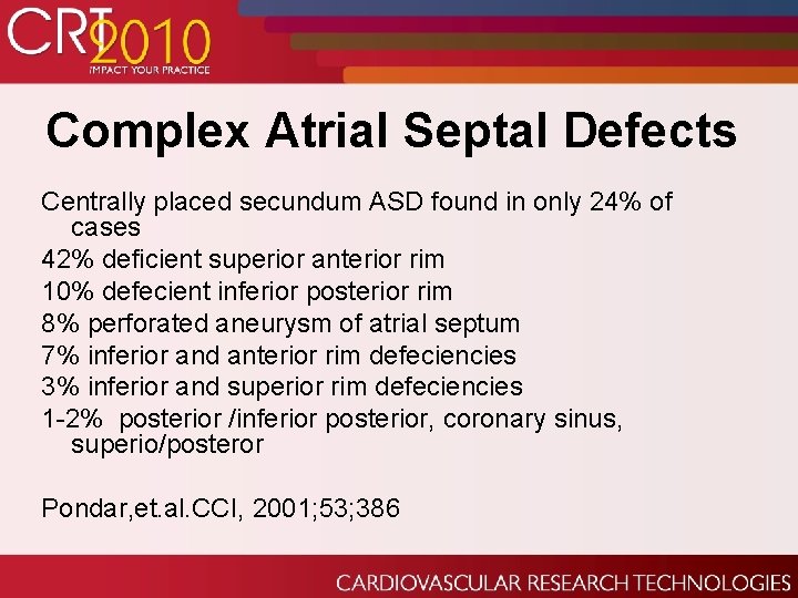 Complex Atrial Septal Defects Centrally placed secundum ASD found in only 24% of cases