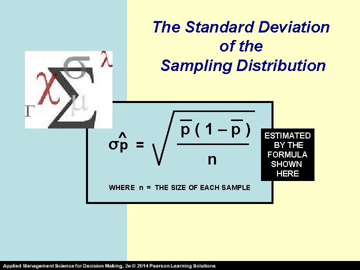 The Standard Deviation of the Sampling Distribution σ^p = p(1–p) n WHERE n =