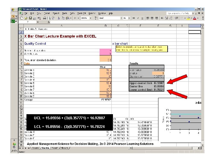 UCL = 15. 85556 + (3)(0. 357771) = 16. 92887 LCL = 15. 85556